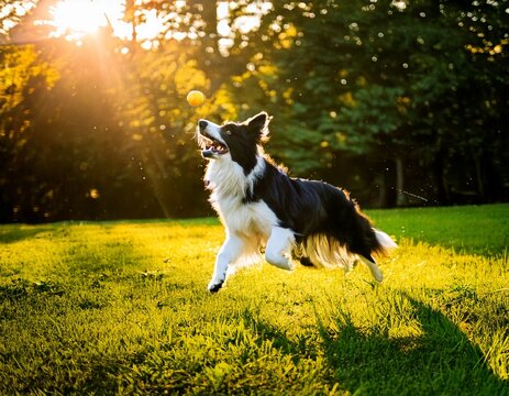 Active Border Collie Catching Yellow Ball in Sunny Green Park