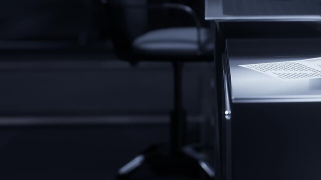A document lies on a desk in an office setting at night. A chair sits in the background. The light highlights the paper. Shadows create a quiet atmosphere.