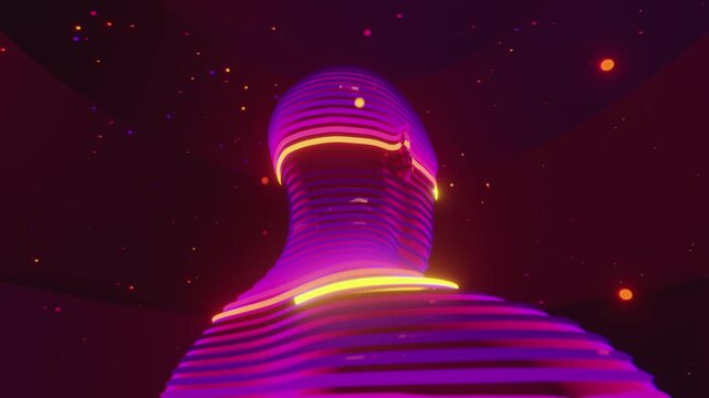 4K Seamless vj loop of abstract human bust formed by concentric horizontal tubes. Digital futuristic artificial intelligence sculpture surrounded by abstract science background.
