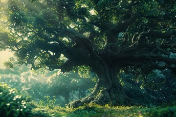 Naklejka premium Sunlight filters through the leaves of a majestic ancient tree, creating a magical atmosphere in an enchanted forest at sunrise