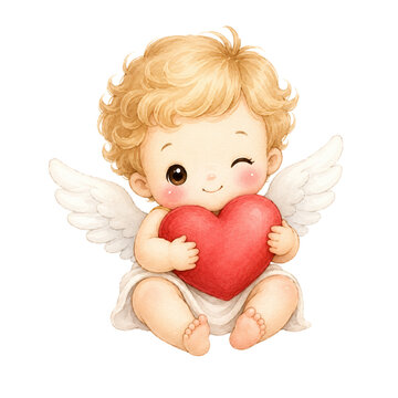 Cute baby cherub with curly blonde hair, white wings and a red heart, sitting and hugging the heart. Isolated watercolor-style illustration on a white background.