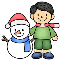 smiling boy standing beside cute snowman with santa hat and scarf friendly winter holiday