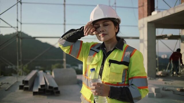 Construction worker takes a break to drink water and wipe sweat at building site in the afternoon sun