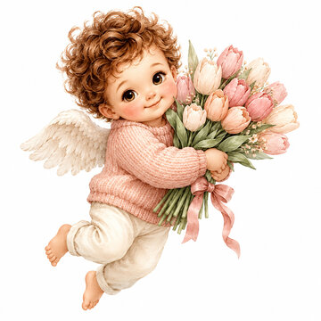 Flying baby cherub with curly brown hair and white wings holding a bouquet of pink tulips tied with a ribbon. Soft watercolor-style illustration isolated on white.