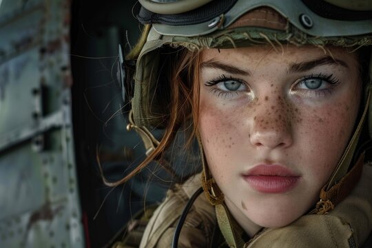 Young female soldier wearing helmet and goggles inside military aircraft