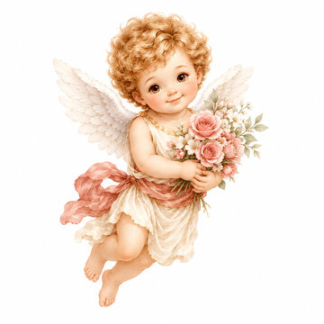 Flying baby cherub with curly blonde hair and white wings holding a bouquet of pink roses and flowers with a flowing pink ribbon. Isolated on white.