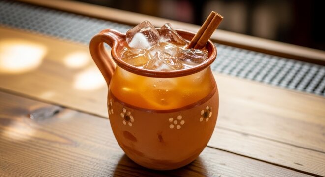 Cold drink in a traditional clay mug with cinnamon stick and ice cube. Refreshing summer beverage served in a rustic pottery cup on wooden bar counter. Mexican style drink concept.