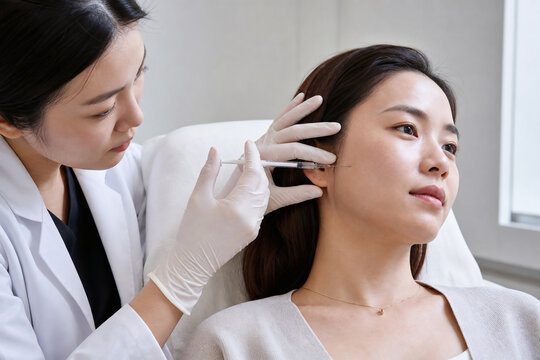 Female patient receiving PDRN microinjection on cheek