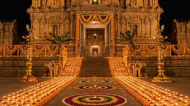 Navaratri Festival Indian Temple Entrance with Diyas, Marigold Flowers and Rangoli