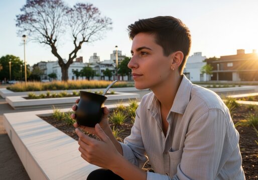 Woman with short hair drinking mate during sunset in city plaza. Young lady enjoying herbal beverage from gourd. Relaxed leisure time outdoor in summer afternoon. Lifestyle portrait.