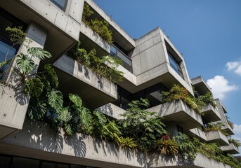 Fototapeta premium Modern apartment building with concrete facade and balcony filled with tropical plant. Sustainable urban architecture with green hanging garden. Eco friendly residential living concept.