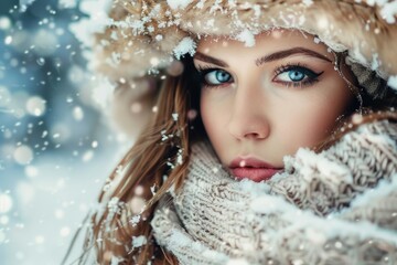 Woman with blue eyes wrapped in warm clothing amidst falling snow