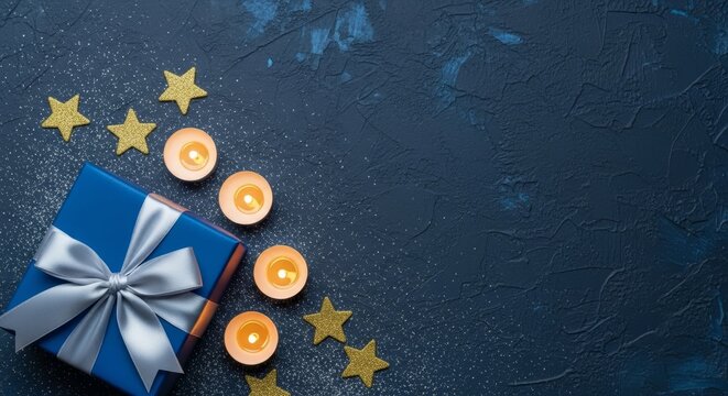 Dark blue gift box with silver ribbon surrounded by glowing candles and gold star confetti. Christmas holiday background with blank space for text. Festive celebration greeting card.
