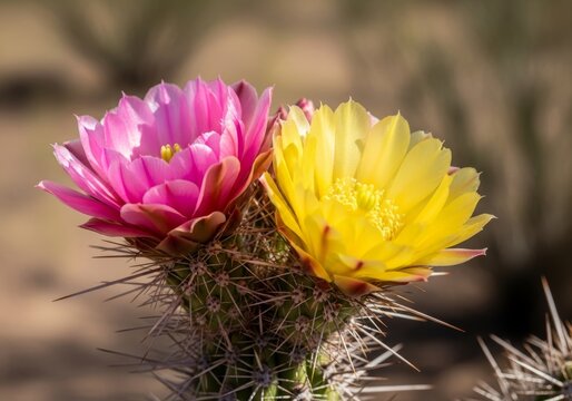 Pink and yellow cactus flower blooming in the desert. Macro detail of succulent botanical plant. Natural springtime flora for garden design, ecology concept and environment background.