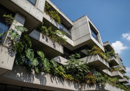 Modern apartment building with concrete facade and balcony filled with tropical plant. Sustainable urban architecture with green hanging garden. Eco friendly residential living concept.