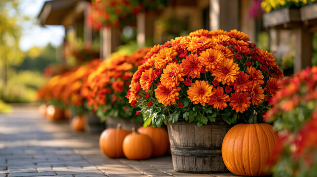 Autumn flower market displays colorful chrysanthemum beside pumpkin and rustic wooden storefront in warm seasonal light