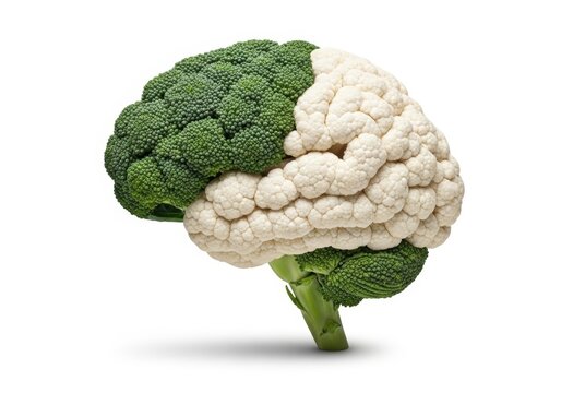 Broccoli and cauliflower shaped like a human brain. Creative food concept for healthy eating and mental nutrition. Intelligence and intellectual wellness through natural fresh vegetable.