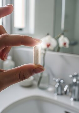 Woman holding medical capsule between fingers. Daily supplement intake in home bathroom. Healthy lifestyle and wellness routine. Pharmaceutical medicine for treatment and healthcare support.