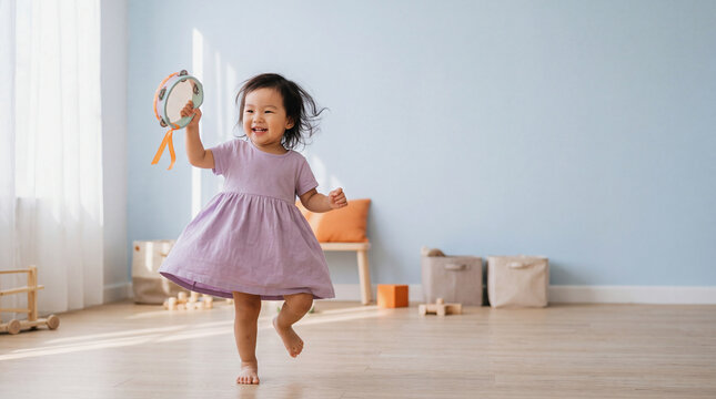 Toddler girl dancing with tambourine in bright living room
