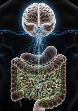 Human brain connected to digestive system via vagus nerve. Illustration of gut brain axis with neural network and microbiome simulation. Biological connection for medical science.
