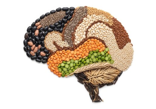 Human brain shape made from various raw grains and legumes. Healthy organic food concept for nutrition, cognitive development and mind diet. Intellectual growth and mental health.