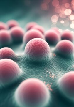 Microscopic view of pink cells on green tissue. Scientific visualization of biological organism or cancer cell growth. Medical research, laboratory study and healthcare concept.