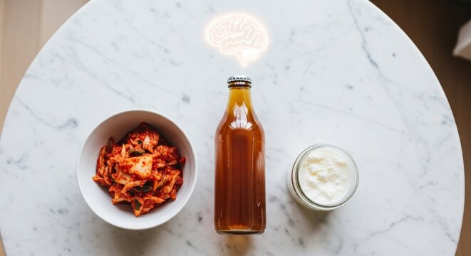 Kimchi and yogurt with bottle of kombucha on marble table. Probiotic food for healthy gut and brain connection. Wellness concept of gut health and beneficial bacteria nutrition.