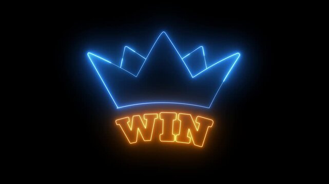 Neon crown and win text sign glowing on black background, for gaming and, victory concepts