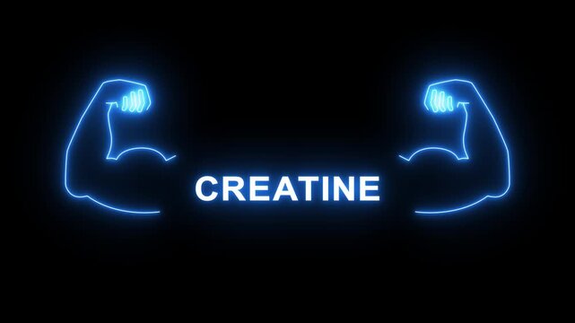 Neon creatine sign with glowing bicep for fitness, bodybuilding, and sports nutrition branding Creatine for energy nutrition that useful for muscles, video.