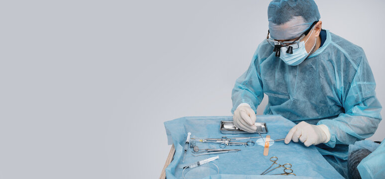 A dental surgeon prepares a connective tissue graft to cover gum recession, thicken the gum, or improve its contour during dental surgery. banner copy space