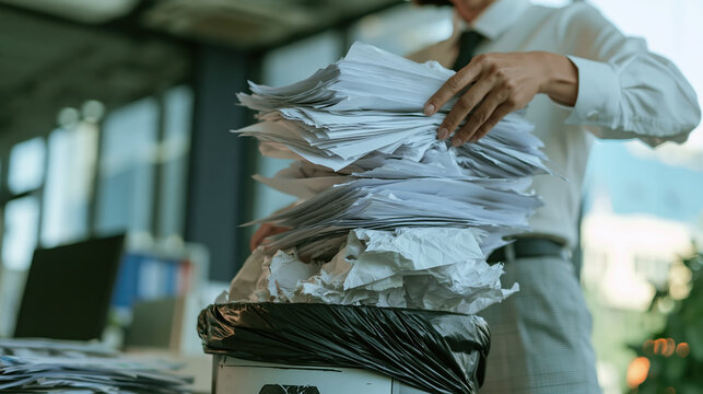 Business professional dropping blank office paper into waste bin with frustrated expression in modern workplace setting