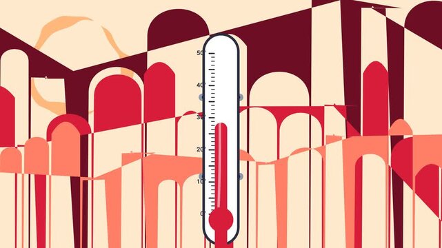 Animated infographic about extreme heatwave showing high temperature thermometer elderly couple resting kids playing with water heat exhaustion at work and hospital patient with climate map
