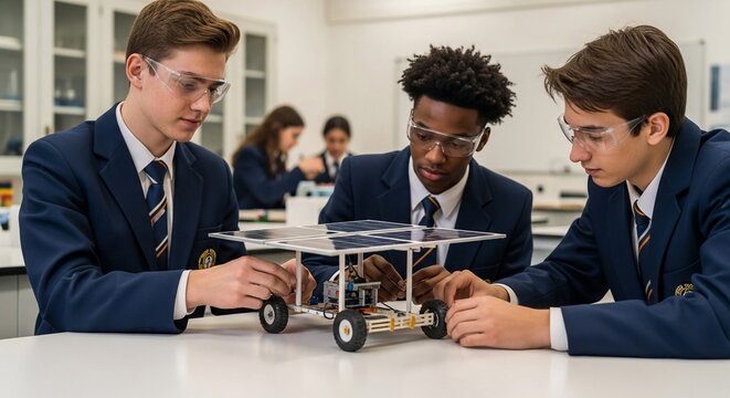 High school students collaborating on a solar-powered car project in a science classroom