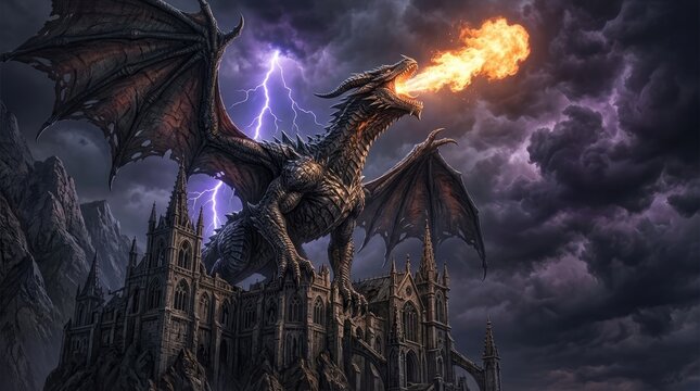 Majestic fire-breathing dragon perched on top of a gothic castle during a powerful lightning storm