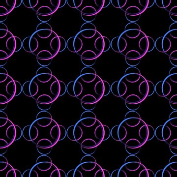 Abstract geometric intersection neon circles seamless pattern. Glowing pink and blue neon  on a black background, round pattern futuristic digital design for wallpapers, motion graphics, music visual,