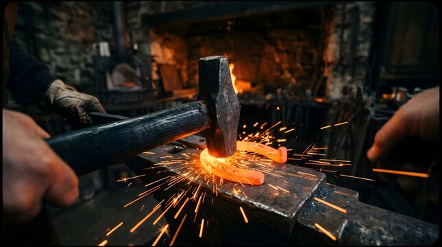 Blacksmith hammering a glowing horseshoe on an anvil in a workshop