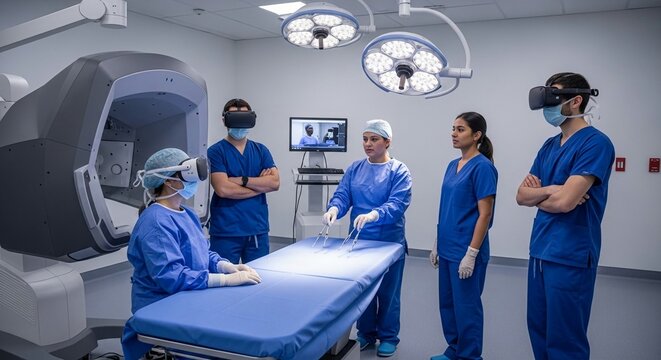 Medical students collaborating with VR technology in operating room for surgical training