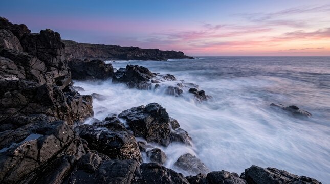 Long exposure of ocean waves crashing against dark volcanic rocks during a colorful sunset at the coast