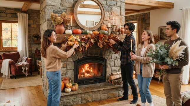 Friends decorating a cozy fireplace with pumpkins and autumn leaves for fall