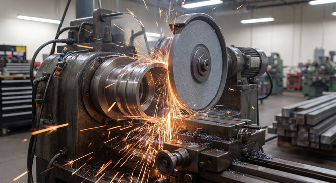 Metalworking lathe machine grinding metal with sparks in industrial workshop