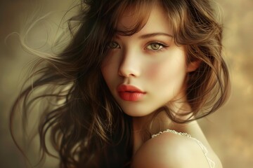 Naklejka premium Portrait of a stunning young woman with captivating green eyes and long brown hair gently flowing in the wind