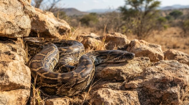 Large python coiled on rocks in the African savanna under bright sunlight