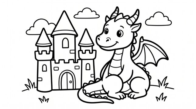 Cute Dragon Sitting Beside a Small Castle Fantasy Illustration