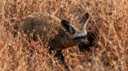 Naklejka premium Bat-eared fox camouflaged in dry savanna grasses during daytime