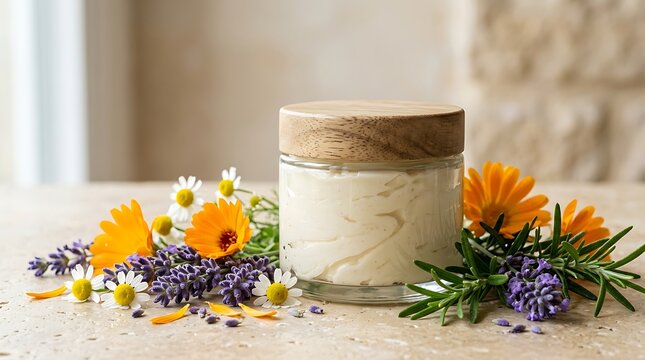 Natural cosmetic cream jar with fresh organic flowers and herbs on a bright table. botanical balm creation