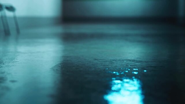 Water sits on a smooth floor, reflecting the light in a dimly lit area. The surface is shiny and appears wet. The surroundings are unclear, creating a sense of mystery.