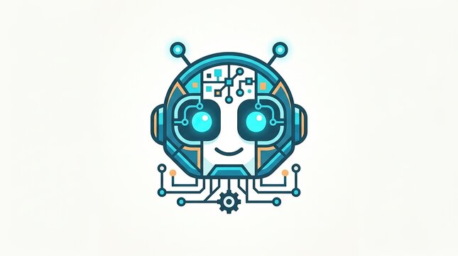 Pixel art robot head icon with glowing blue eyes and circuit board design for technology