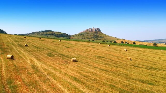 Hills and hay bales, clear sky. Wide view of a green field with hay bales on one side and hills in the background on a sunny day.