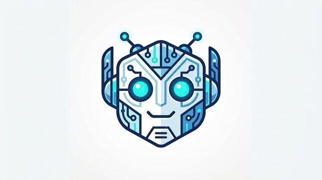 Futuristic robot face logo design with glowing blue cybernetic eyes and sleek metallic contours