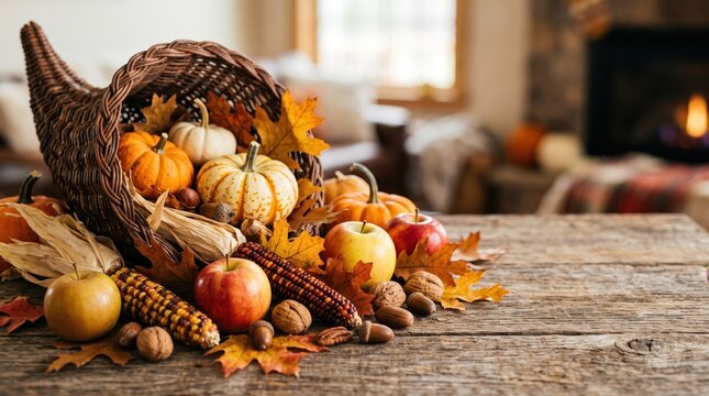Autumn Thanksgiving cornucopia basket overflowing with pumpkins, apples, nuts, Indian corn and dry leaves on a rustic wooden table with copy space.